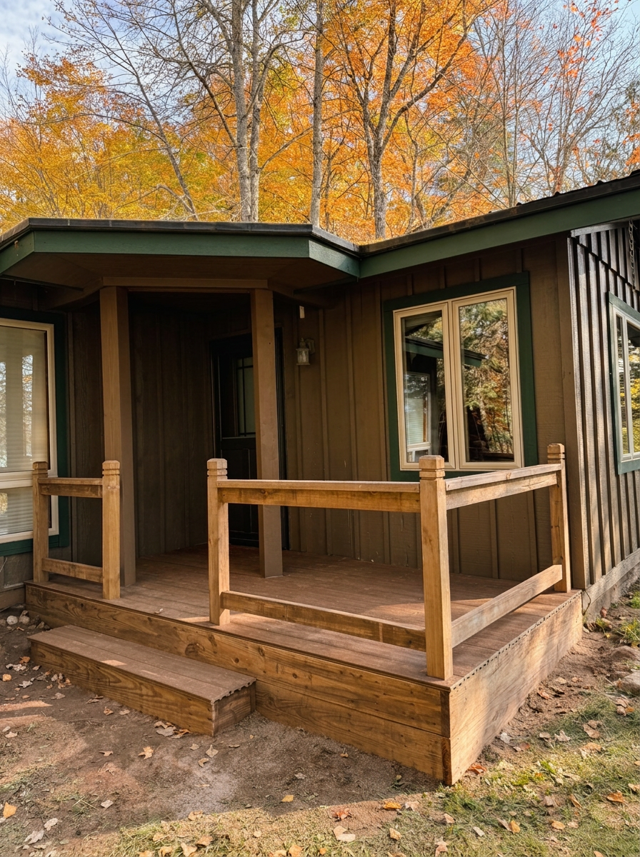Covered rear deck with wooden railings and steps surrounded by autumn trees