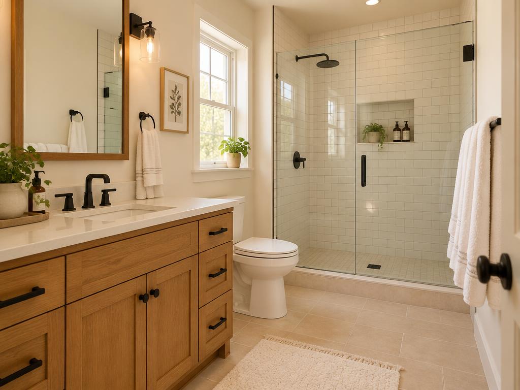 Bright remodeled bathroom with honey wood vanity, white subway tile shower, and warm natural light